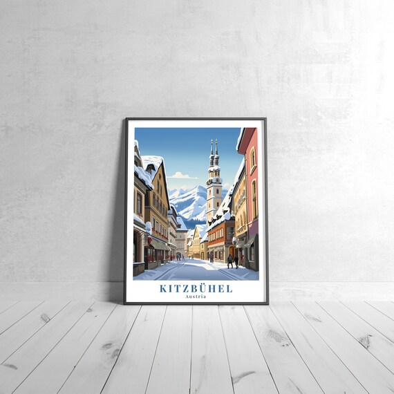 Kitzbuhel Austria Vintage Travel Snowy Old Town Alpine Winter Scene Poster
