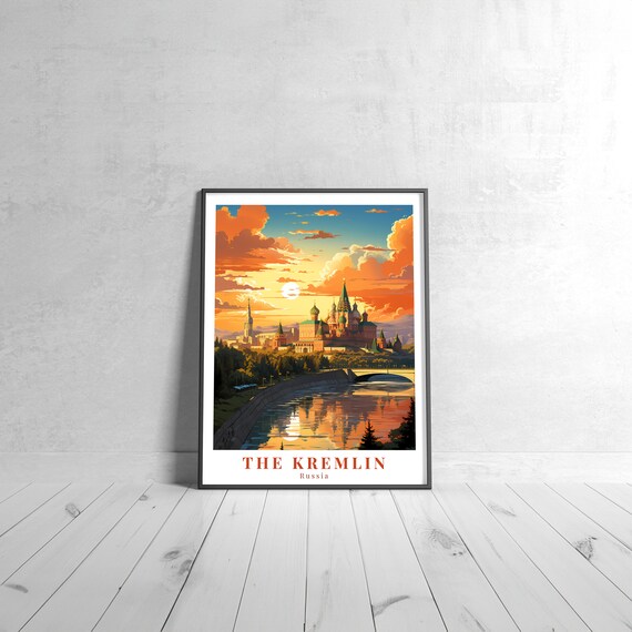 The Kremlin Russia Sunset Golden Onion Domes River Travel Poster