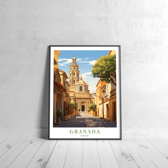 Granada Spain Vintage Travel Poster Cathedral Old Town Street Art
