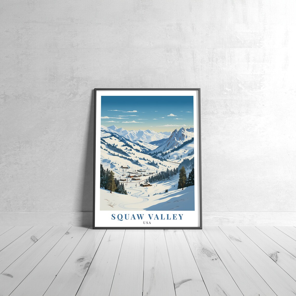 Squaw Valley USA Vintage Travel Poster Snowy Ski Valley Winter Scene