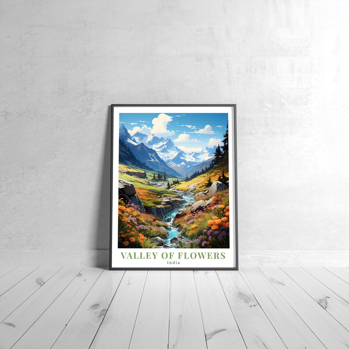 Valley of Flowers India Vintage Travel Himalayan Bloom Mountain Stream Poster