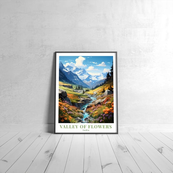 Valley Of Flowers Vintage Travel Poster Retro India Art Print Colorful Home Decor Wall Unique Gift