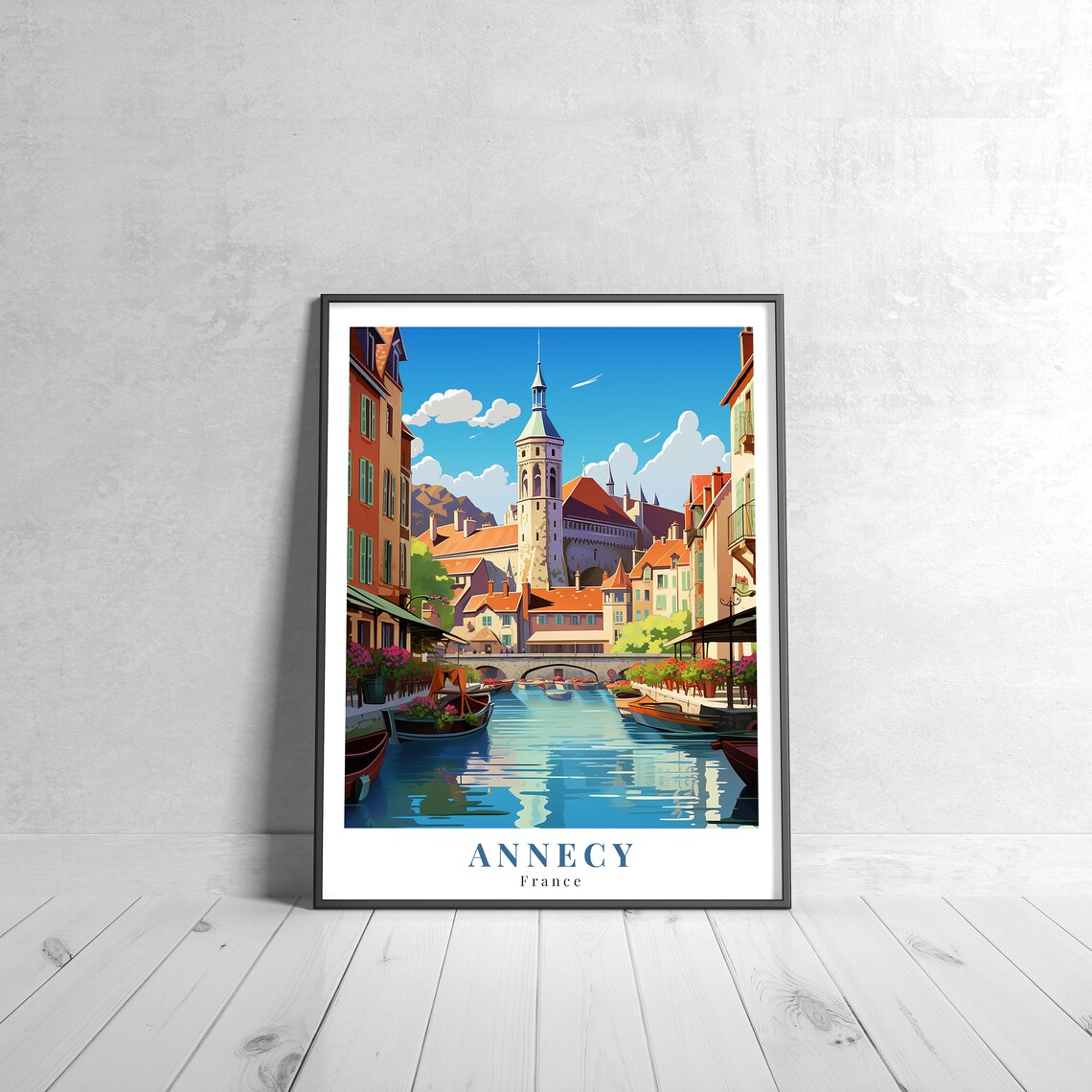 Annecy France Vintage Retro Canal Old Town Scene Travel Poster