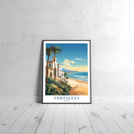 Fortaleza Brazil Vintage Travel Poster Palm Beach Colonial Church Scene