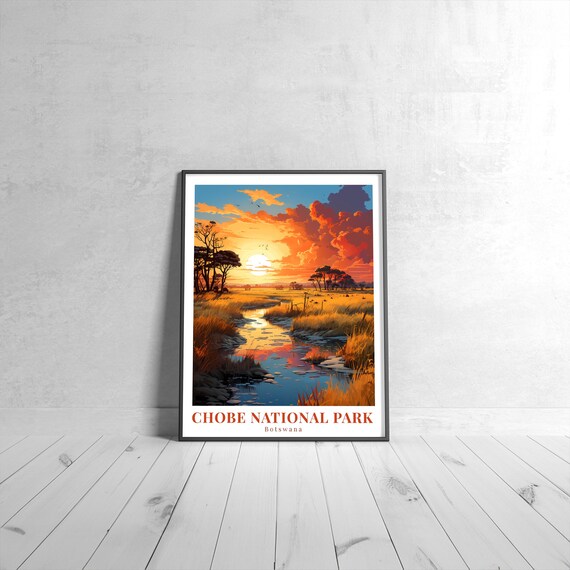 Chobe National Park Botswana Vintage Sunset Safari Travel Poster