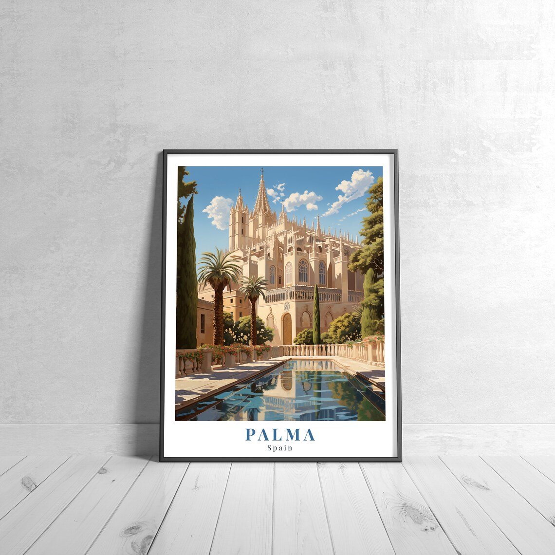 Palma Spain Gothic Cathedral Reflecting Pool Vintage Travel Poster