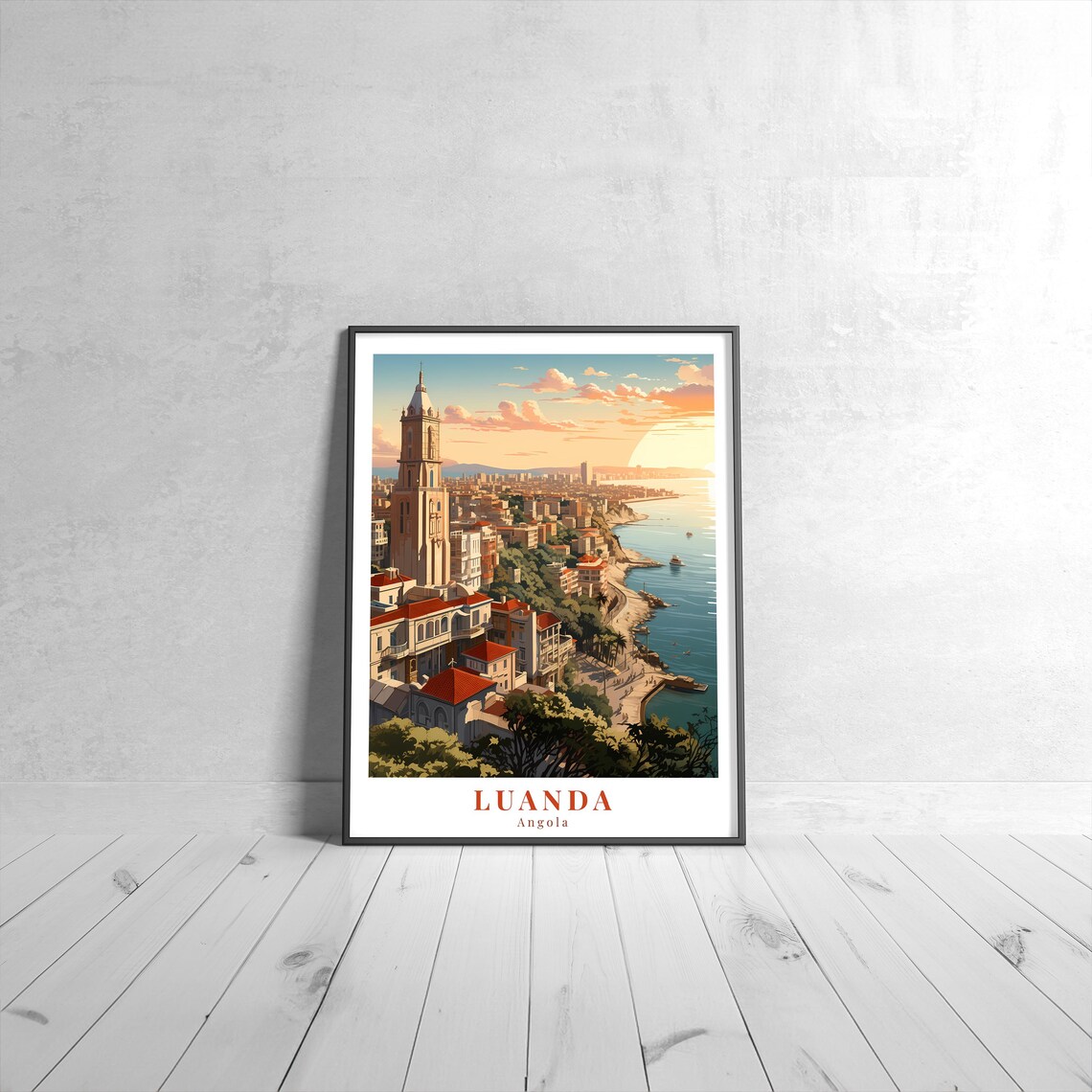 Luanda Angola Coastal City Sunset Harbor Skyline Seaside Travel Poster