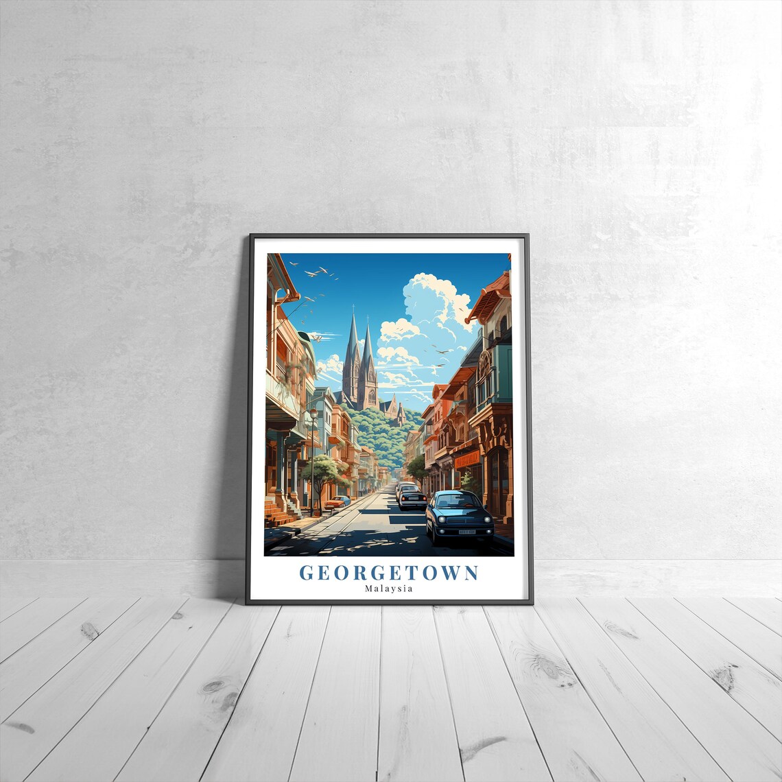 Georgetown Malaysia Vintage Tropical Colonial Street Travel Poster