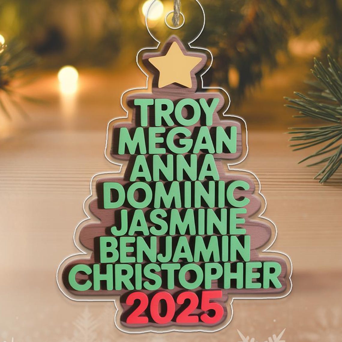 Custom Family Name Christmas Tree Acrylic Ornament Rustic Wall Art