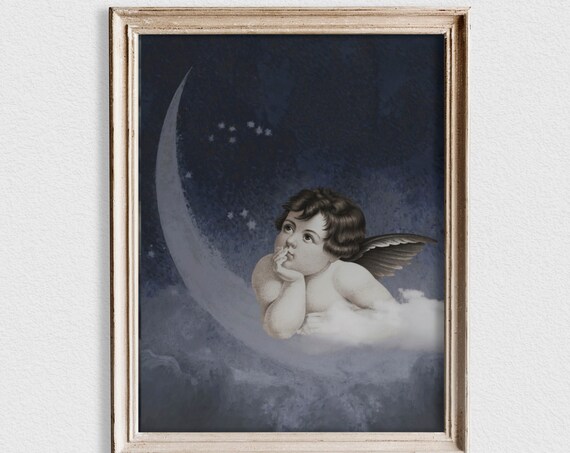 Vintage Angel and Moon Nursery Wall Art Print