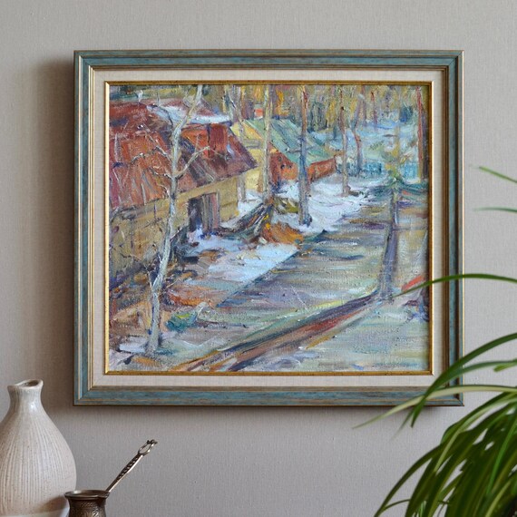 Village Landscape With Snowy Road, Impressionist Art Print