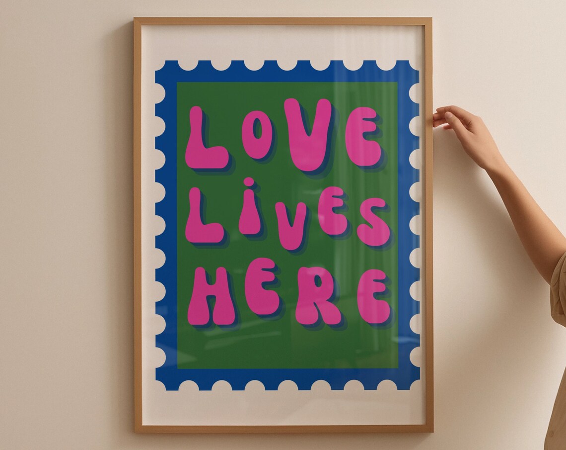 Love Lives Here Pop Art Stamp Typography Bold Pink Green Quote Poster - Image 4