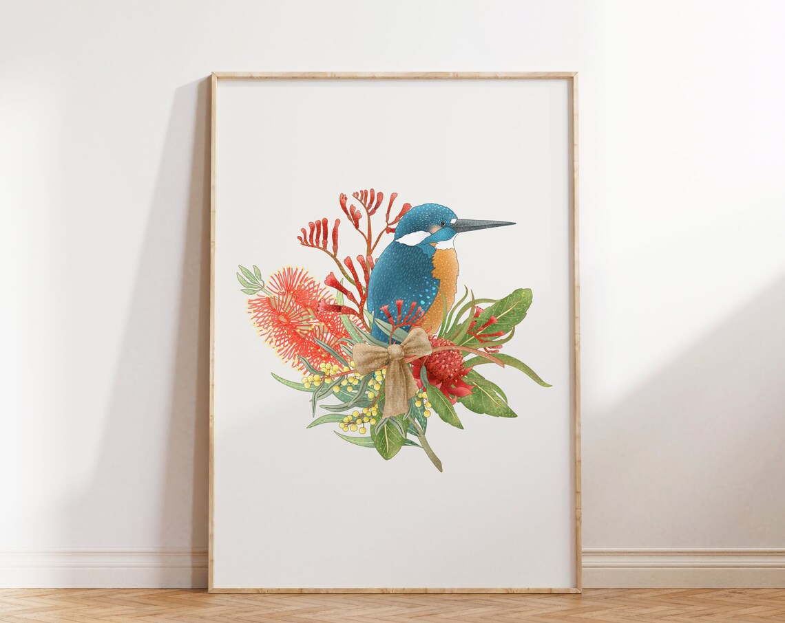 Kingfisher and Australian Native Flowers, Art Print - Image 2