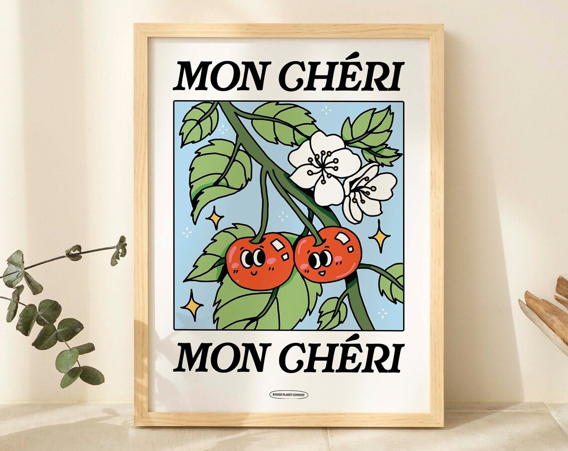 Mon Cheri Cute Cherry Blossom French Kitchen Illustration Poster