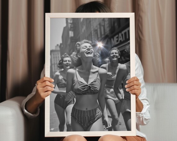 Vintage Style Laughing Women in Swimwear Black and White Street Photo Poster