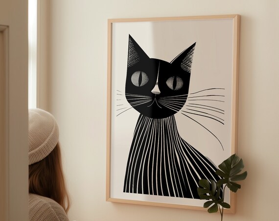 Mid Century Modern Black Cat with Striped Whiskers Illustration Poster