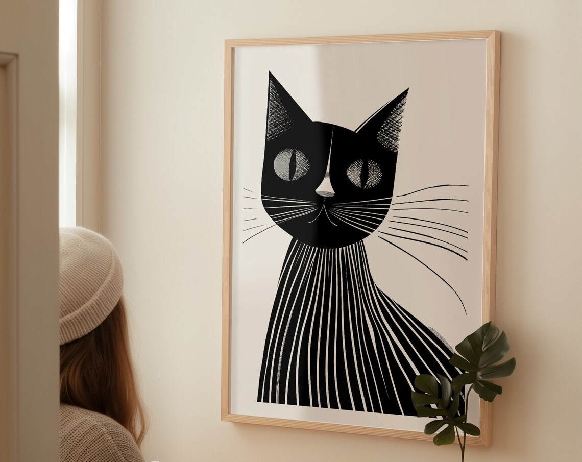 Mid Century Modern Black Cat with Striped Whiskers Illustration Poster