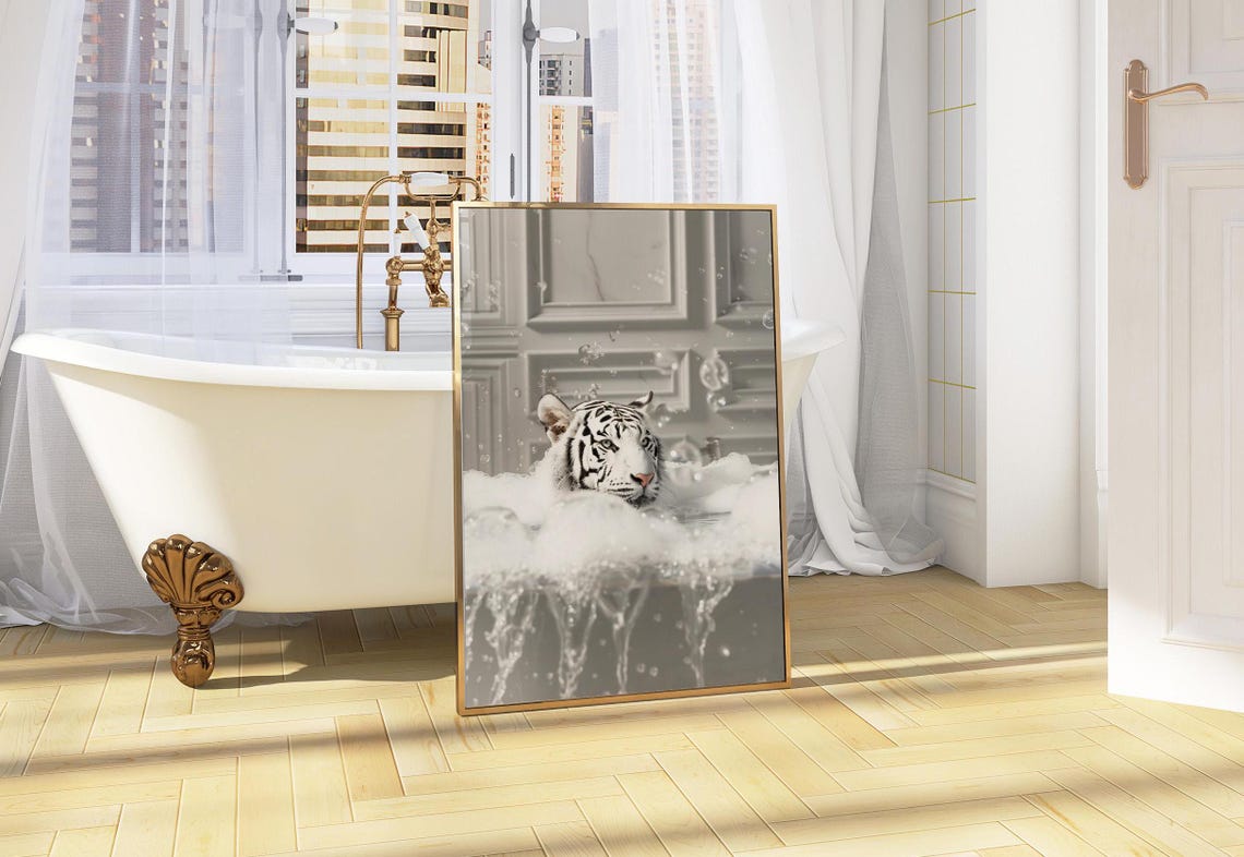 White Tiger Soaking In A Bubble Bath Funny Bathroom Animal Poster - Image 5