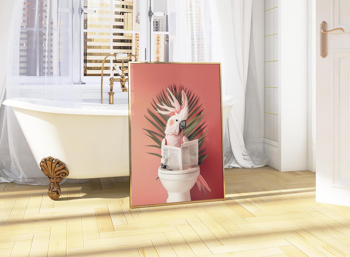 White Cockatoo Reading Newspaper On Toilet With Palm Fronds Poster - Image 5