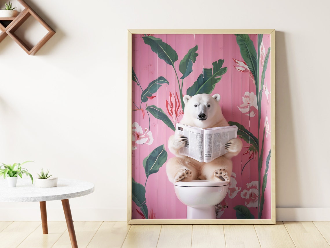 Funny Polar Bear Poster of a Bear Reading the Paper on a Pink Floral Toilet - Image 3