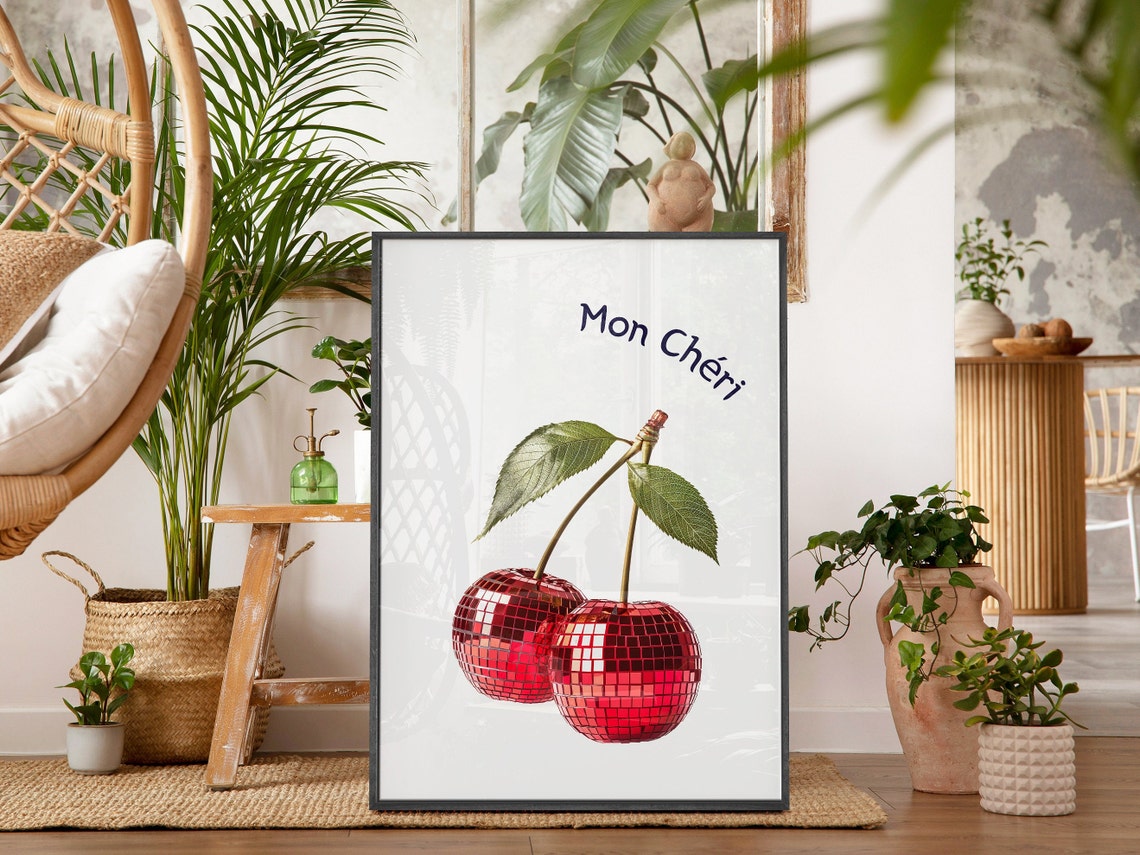 Mon Cheri Red Disco Ball Cherry Fruit Trendy Coquette Poster - Image 2