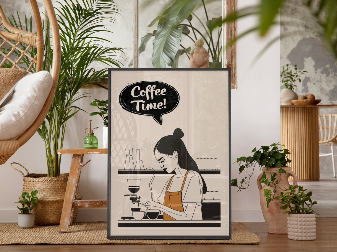 Coffee Time Female Barista Brewing Espresso Minimalist Line Art Poster - Image 3