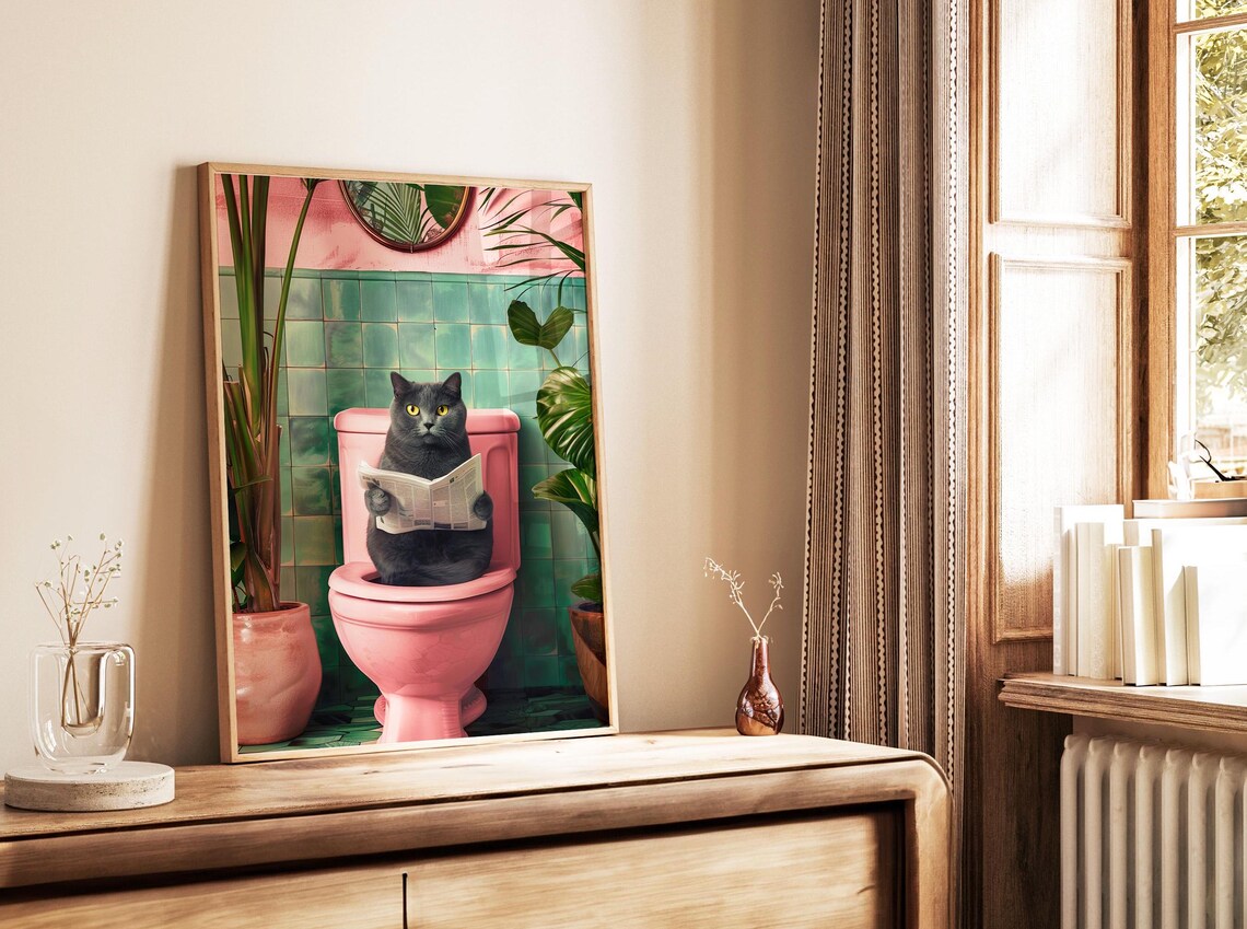 Grey Bathroom Cat Print, Funny Bathroom Decor - Image 4