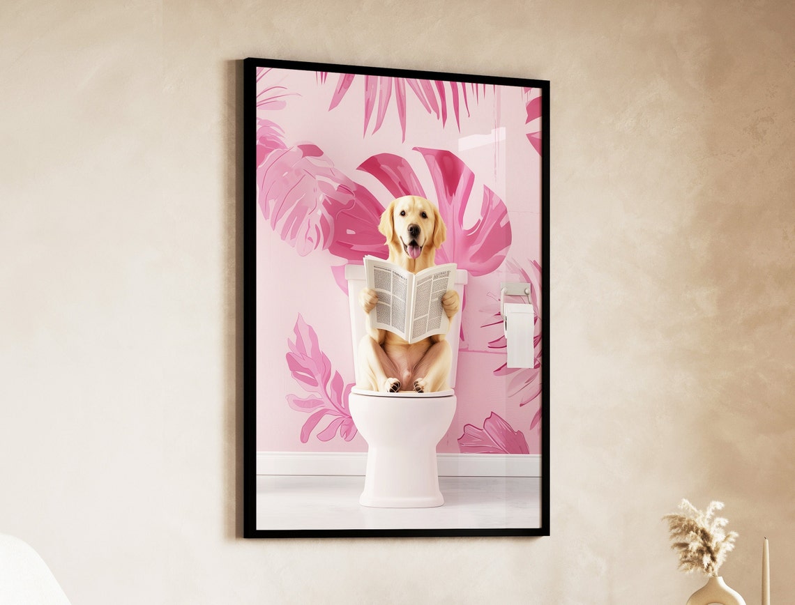 Golden Labrador Retriever On Toilet Bathroom Print Dog On Toilet Print Funny Dog Poster Toilet Wall Art Funny Bathroom Decor Labrador Art - Image 2