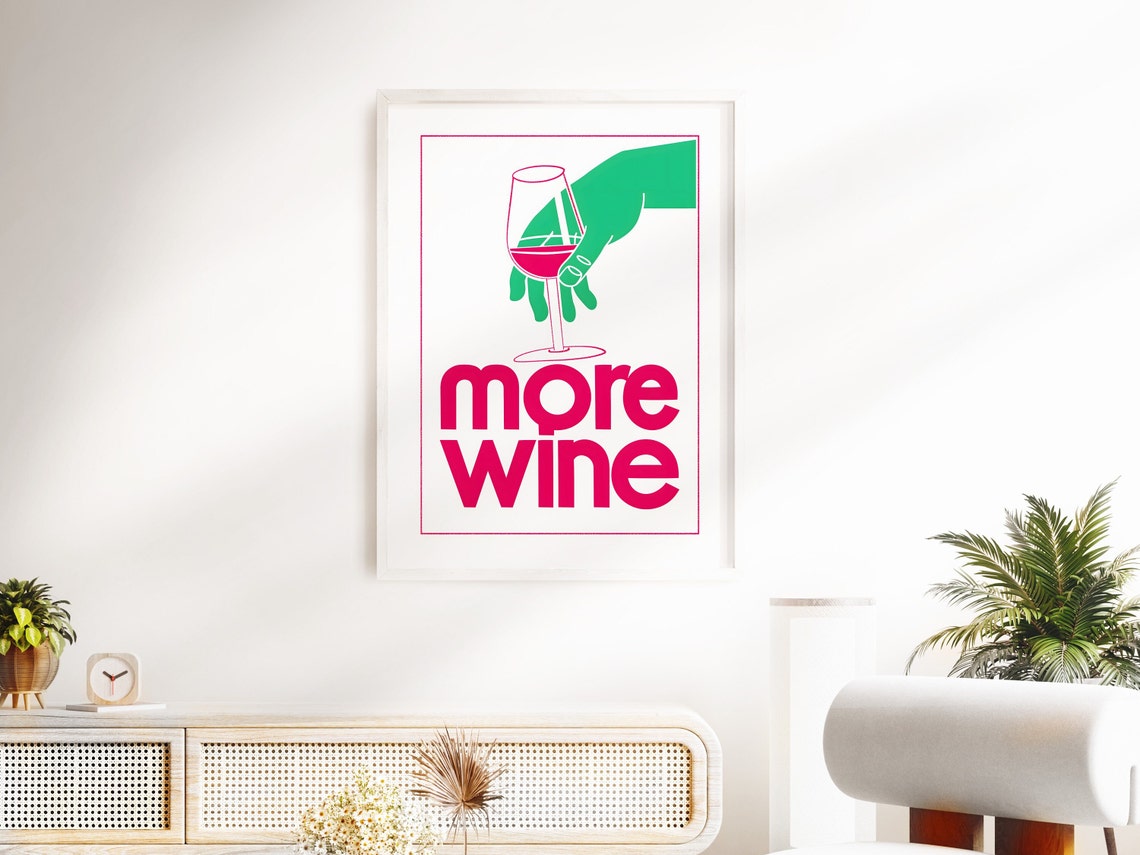 More Wine Minimalist Line Art Green Hand Glass Modern Bar Cart Poster - Image 3