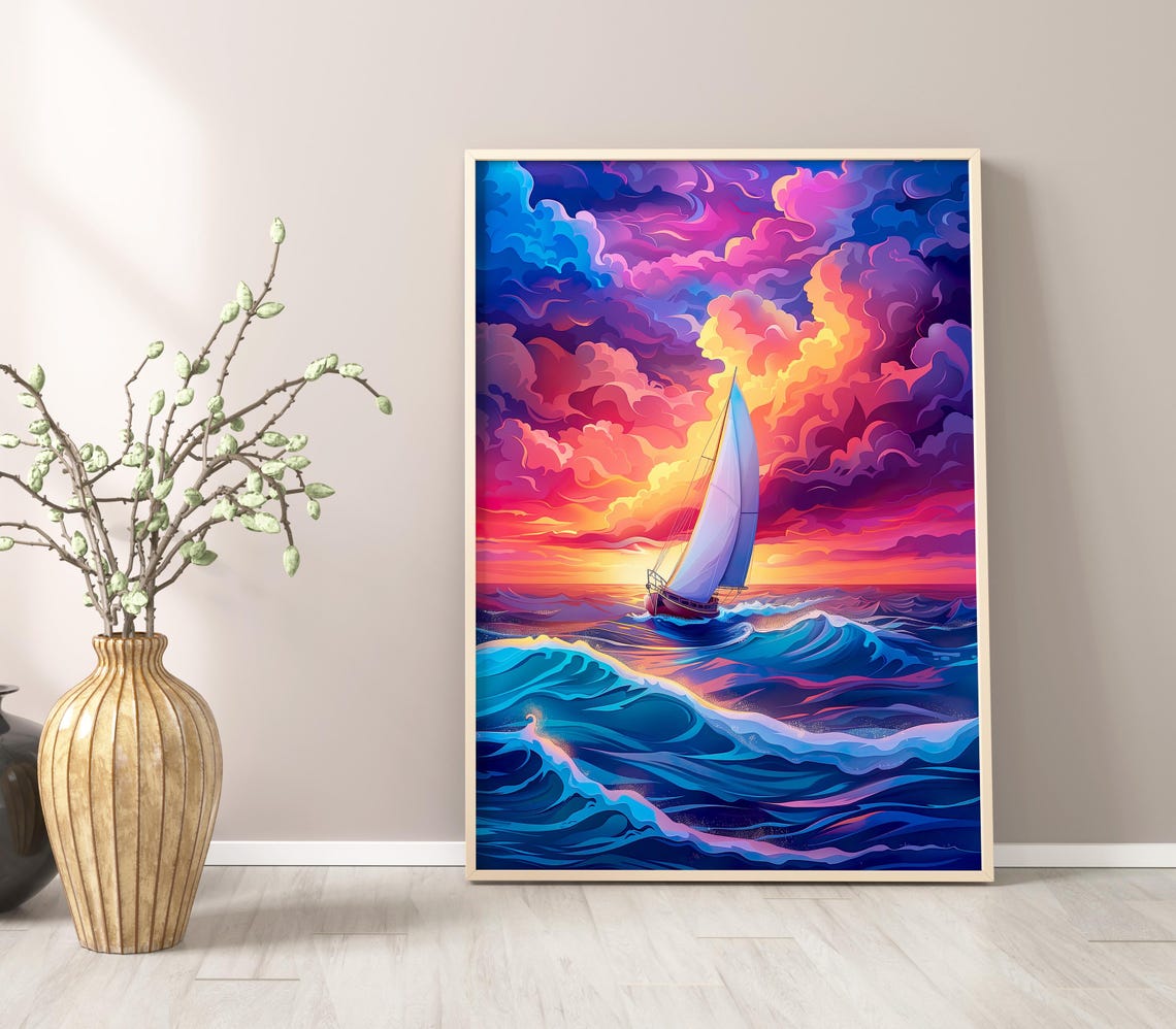Sailboat On Stylized Waves Under A Dramatic Pink Sunset Sky Poster - Image 4