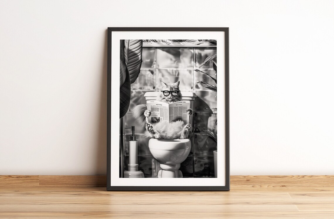 Cat With Glasses Reading On Toilet Black White Bathroom Poster - Image 2