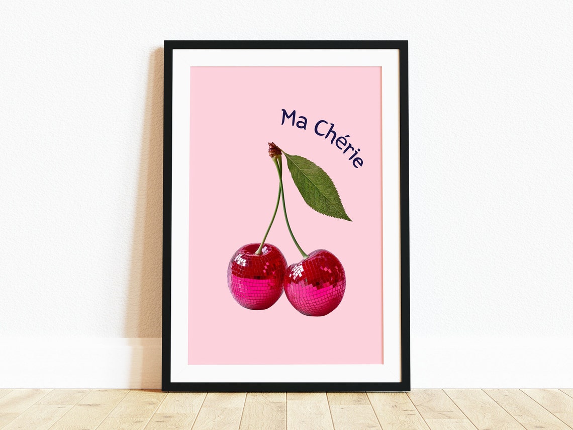 Pink Disco Ball Cherries Ma Cherie French Aesthetic Retro Poster - Image 2