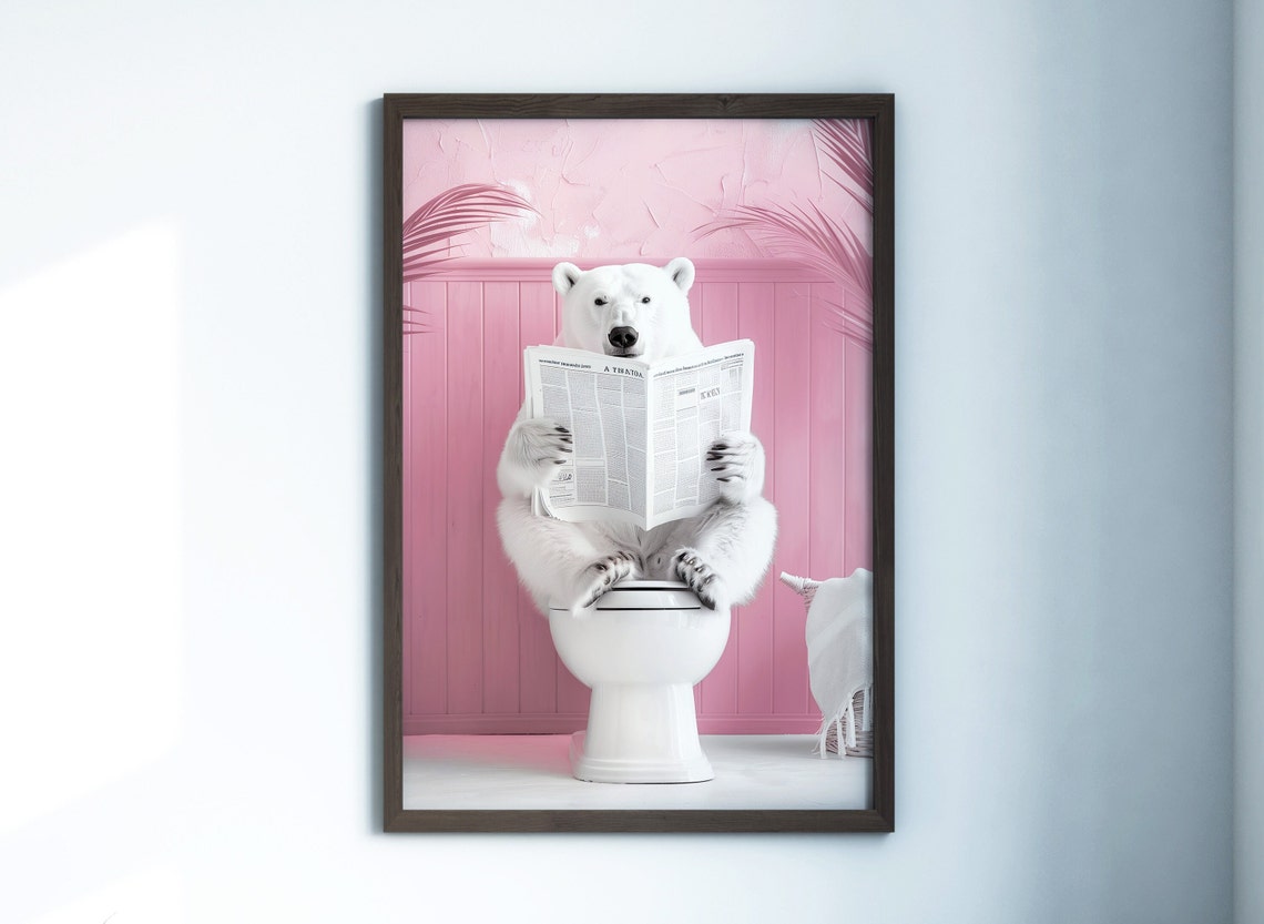 Fluffy Polar Bear Reading Newspaper Pink Bathroom Toilet Wall Art - Image 2