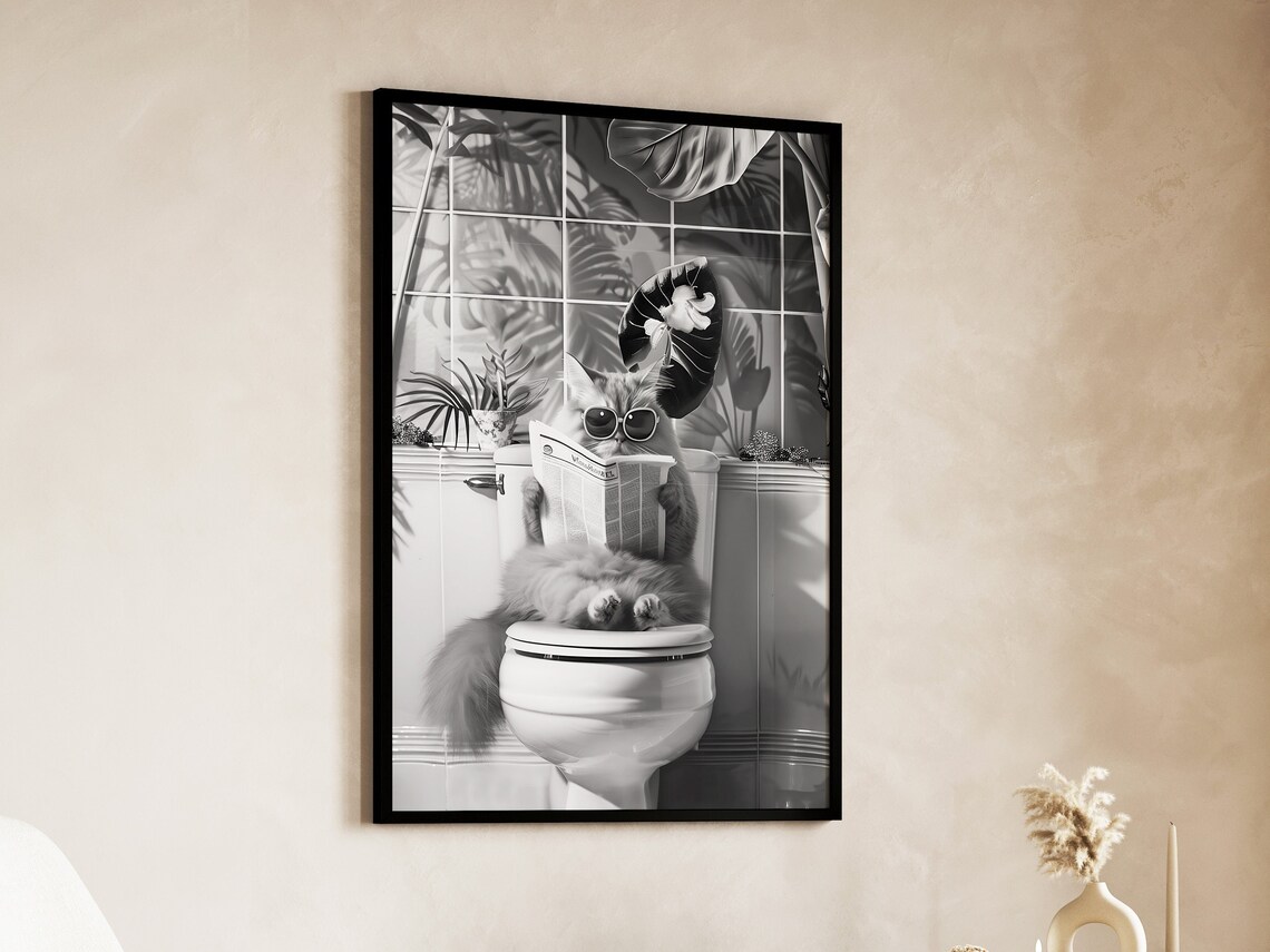 Black and White Bathroom Cat Poster, Funny Decor - Image 5