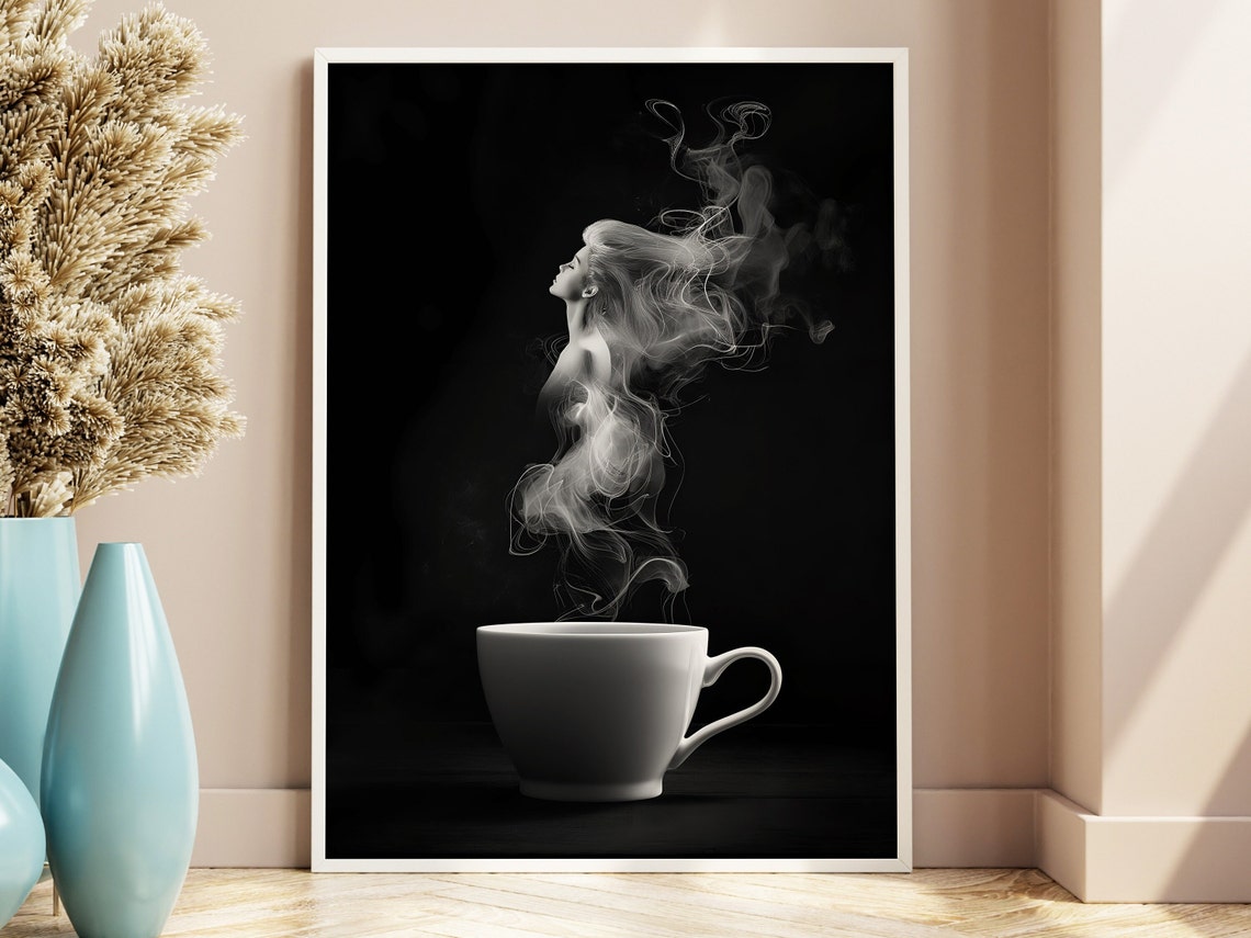 Black White Coffee Cup With Woman Steam Silhouette Art Poster - Image 2