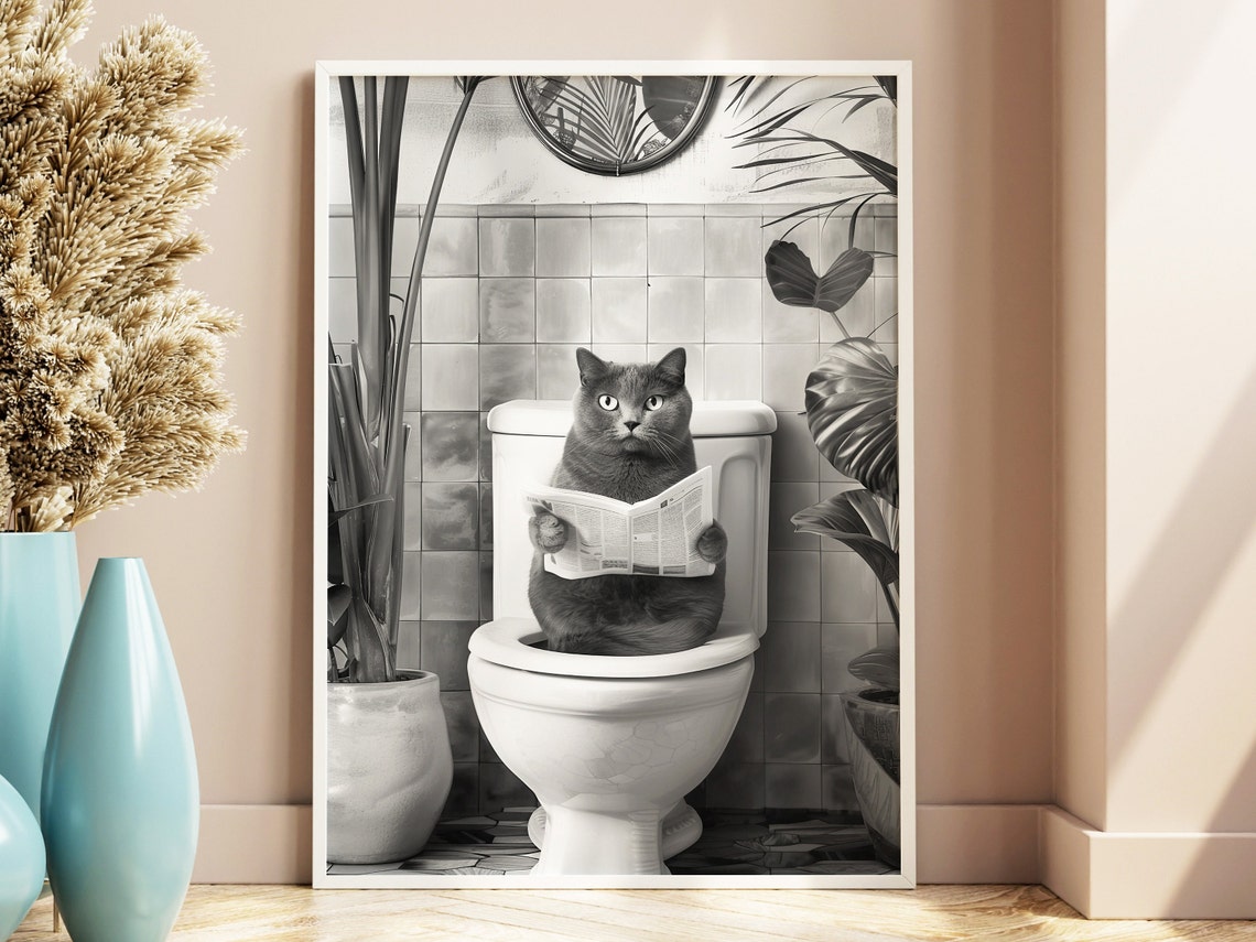 Black Cat Reading Newspaper Toilet Funny Bathroom Cat Poster - Image 2