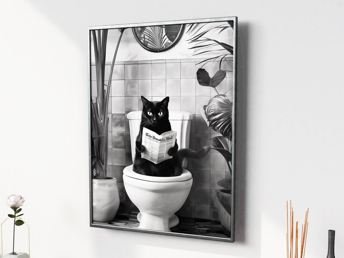 Black And White Bathroom Cat Print, Funny Bathroom Decor - Image 2