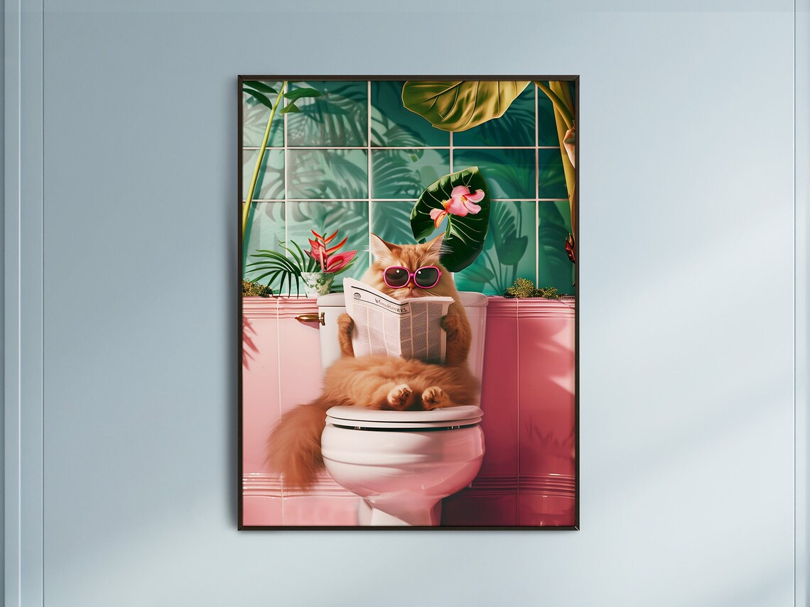 Yellow Bathroom Cat Print, Funny Bathroom Wall Art