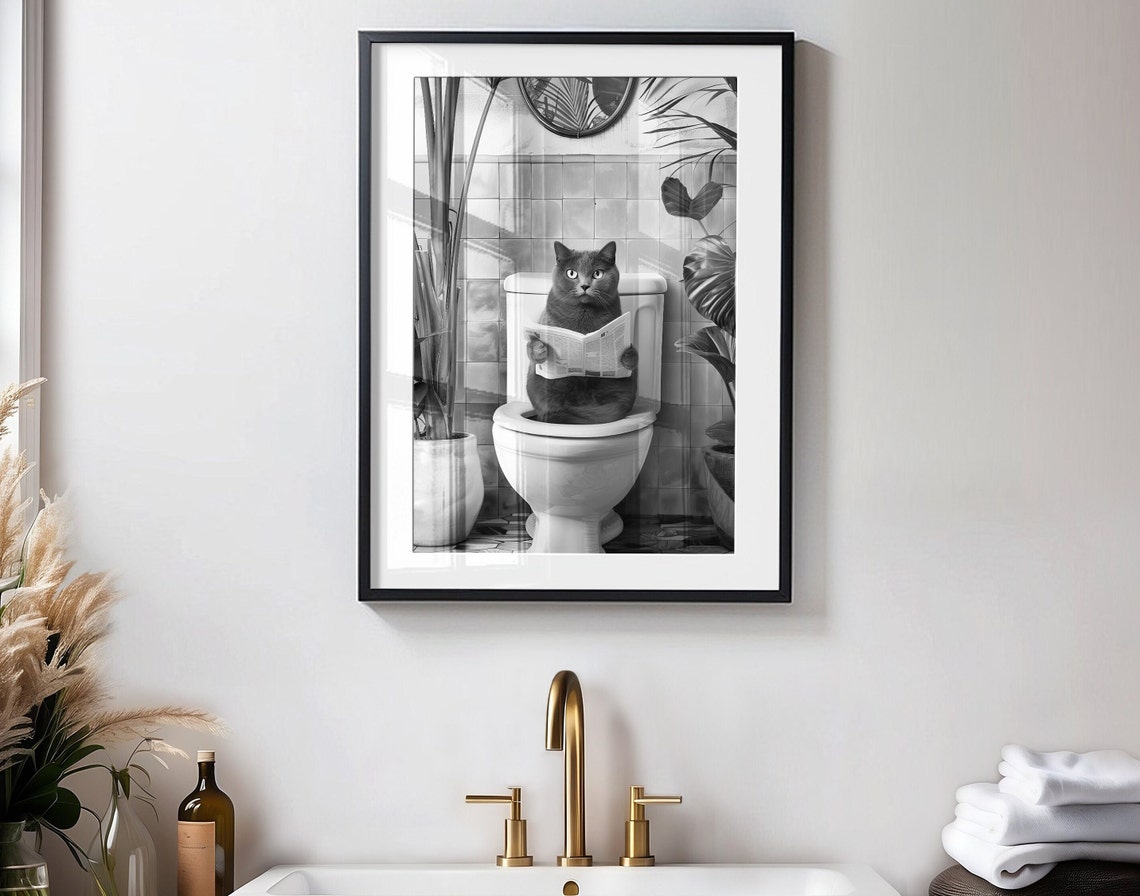 Black White Cat Reading Newspaper On Toilet Funny Bathroom Poster - Image 3