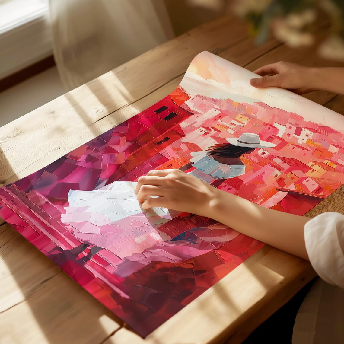 Woman White Dress Red Old Town Street Mosaic Impasto Painting Poster - Image 5
