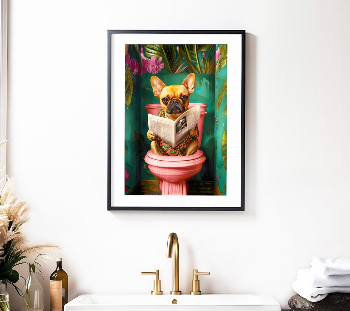 Fawn French Bulldog Sitting On Toilet Print Bathroom Wall Decor Toilet Wall Art Bathroom Wall Art French Bulldog Prints Funny Dog Poster - Image 5