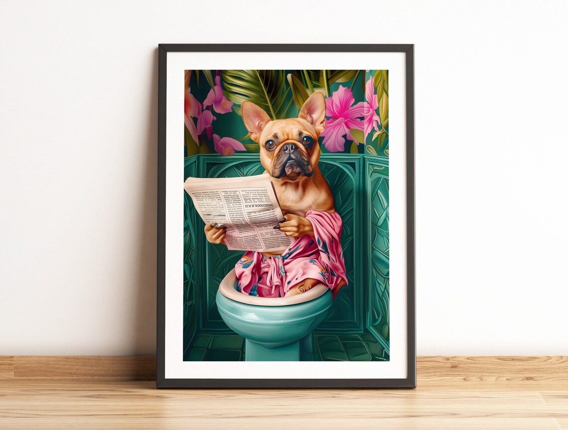 Fawn French Bulldog Reading on Toilet Art Print - Image 4