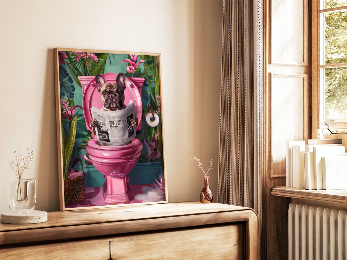 Cream French Bulldog Reading On Toilet Print Funny Dog Poster Toilet Wall Art Bathroom Wall Art French Bulldog Prints Bathroom Wall Decor - Image 2