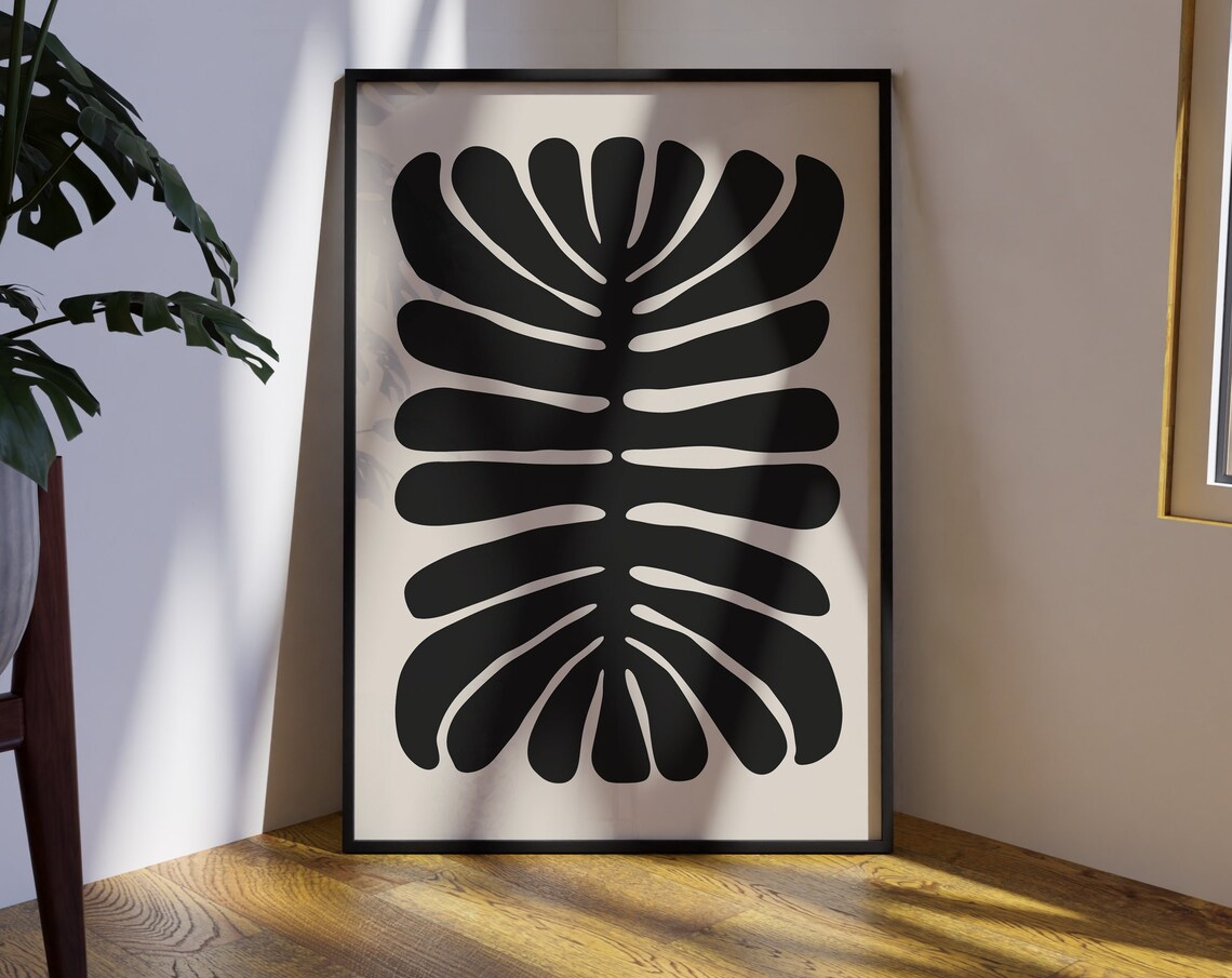 Black Monstera Palm Leaf Silhouette Modern Botanical Art Poster