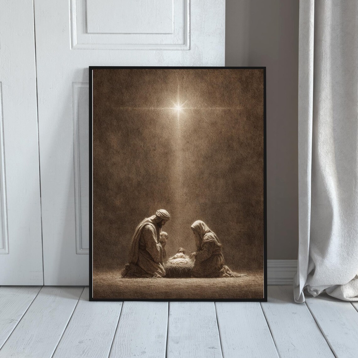 Minimalist Nativity Scene Holy Family Under Star Sepia Christian Poster