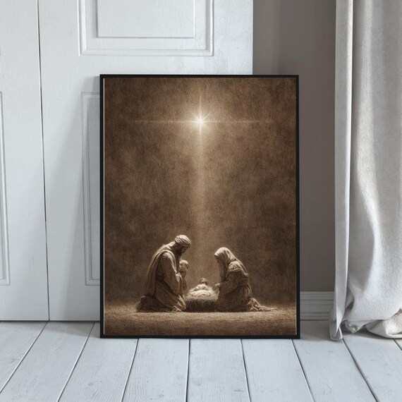 Minimalist Nativity Scene Holy Family Under Star Sepia Christian Poster