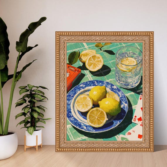 Vintage Lemon Still Life Art Print Summer Table Illustration Blue Ceramic Plate Fresh Citrus Kitchen Wall Decor Retro Poker Card Poster