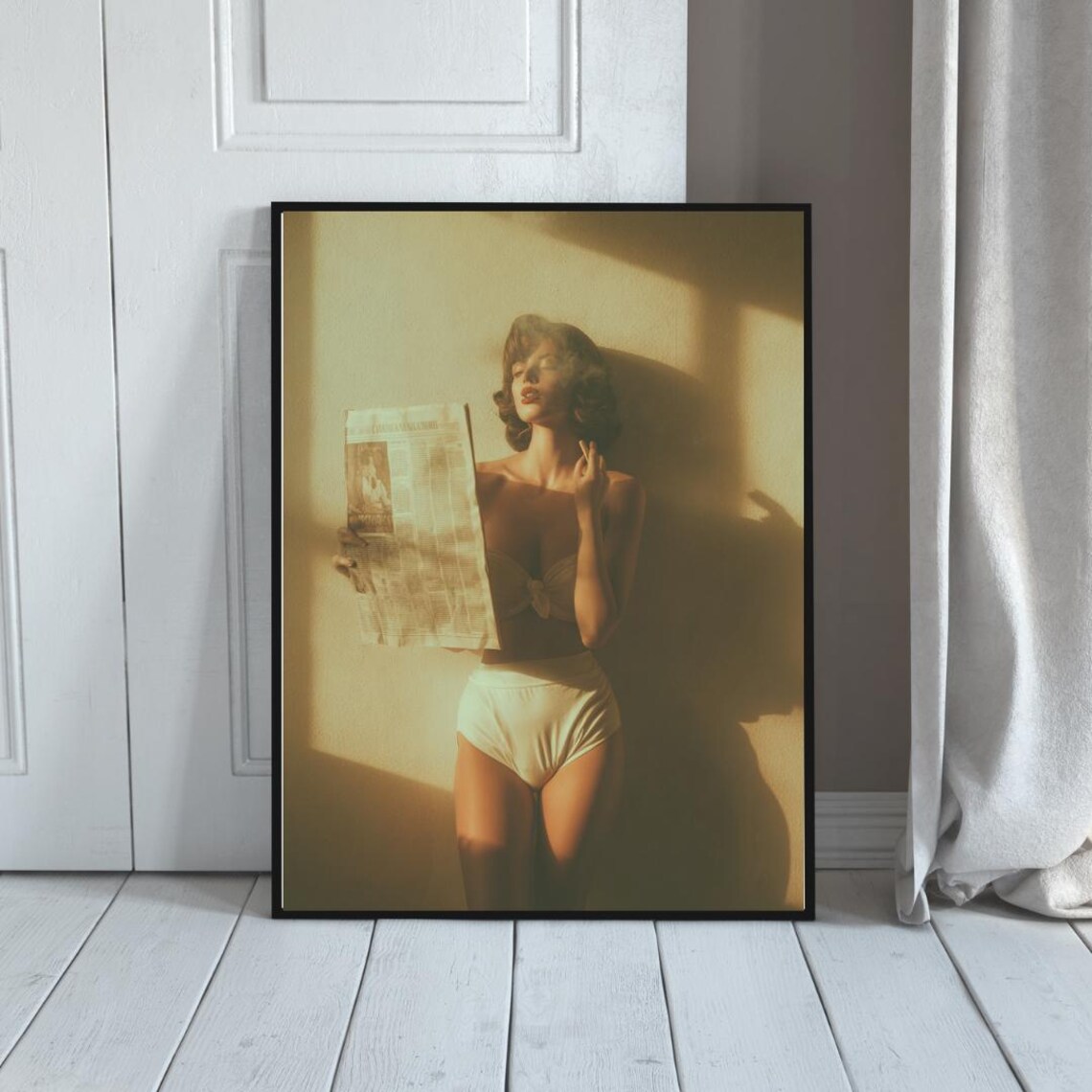 Retro Glamour Pinup Woman Reading Newspaper Golden Light Photo Poster