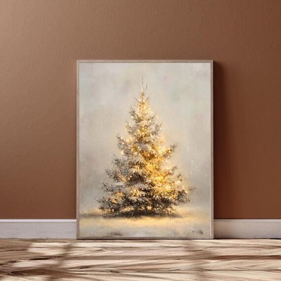 Snowy Lit Christmas Tree on Winter Night Minimalist Art Poster