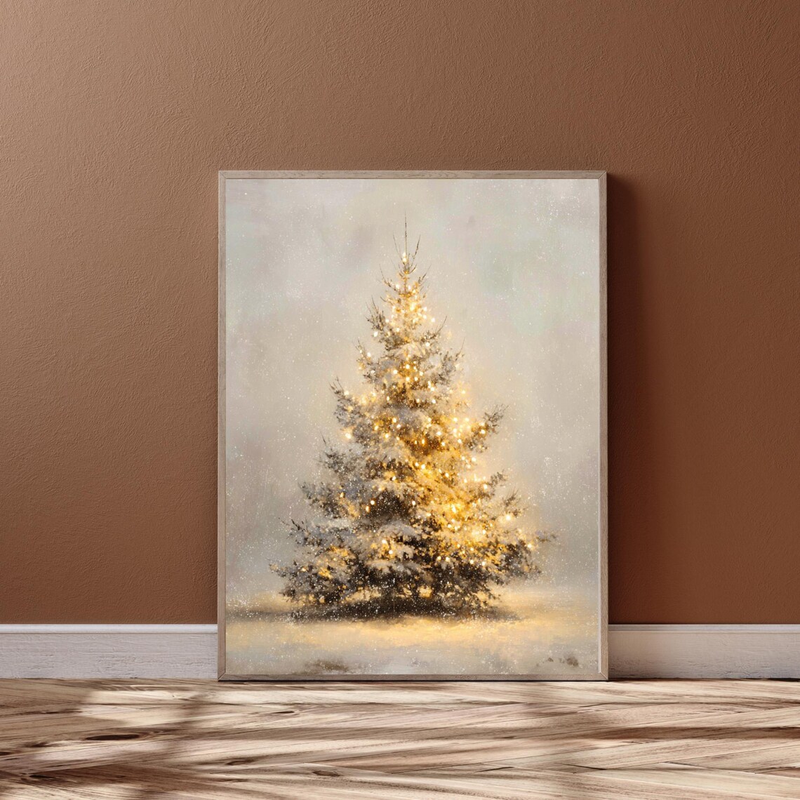 Snowy Lit Christmas Tree on Winter Night Minimalist Art Poster